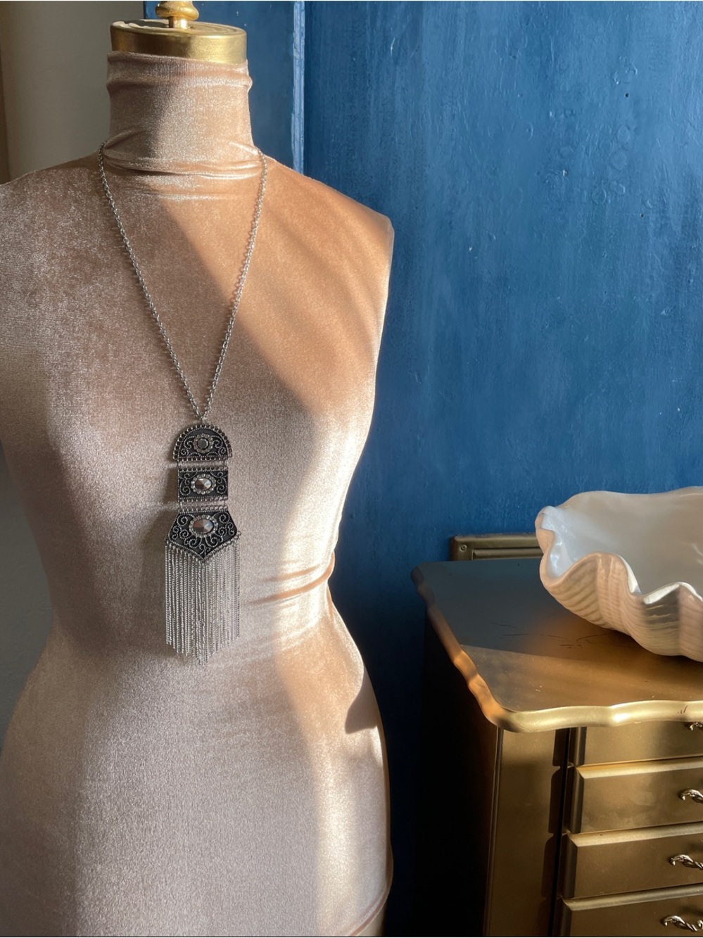 Velvet Nude Sleeveless Dress Form with Silver Fringe Necklace